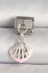 316L Çelik Gümüş Renk Pembe Deniz Kabuğu Model Zirkon Taş Detay Nomination Charm - TJ-BC1257