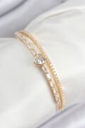 Pirinç Zirkon Taşlı Kalp Model Gold Renk Kadın Bileklik - TJ-BB7873