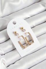 Pirinç Zirkon Taş Ve Dikdörtgen Figürlü Gold Renk 3'lü Çift Kadın Küpe Set - TJ-BKP10651