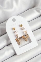 Pirinç Zirkon Taş Ve Yıldız Figürlü Gold Renk 3'lü Çift Kadın Küpe Set - TJ-BKP10653