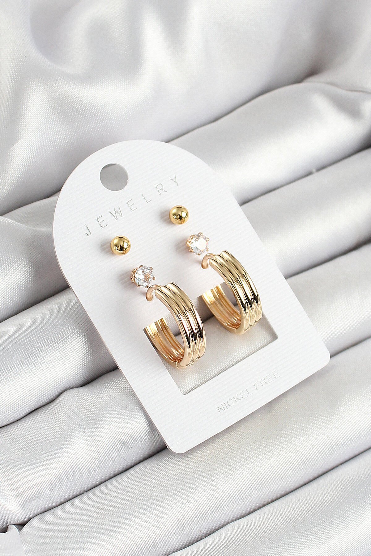 Pirinç Zirkon Taş Ve Halka Figürlü Gold Renk 3'lü Çift Kadın Küpe Set - TJ-BKP10655
