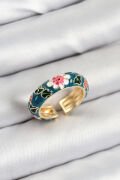Pirinç Yeşil Mineli Çiçek Motifli Gold Renk Ayarlanabilir Kadın Yüzük - TJ-BYK3808