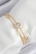 Pirinç Zirkon Taşlı Pırlanta Model Gold Renk Kadın Bileklik - TJ-BB7879