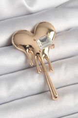 Pirinç Gold Renk Eriyen Kalp Model Kare Zirkon Taş Detay Kadın Broş - TJ-BR418