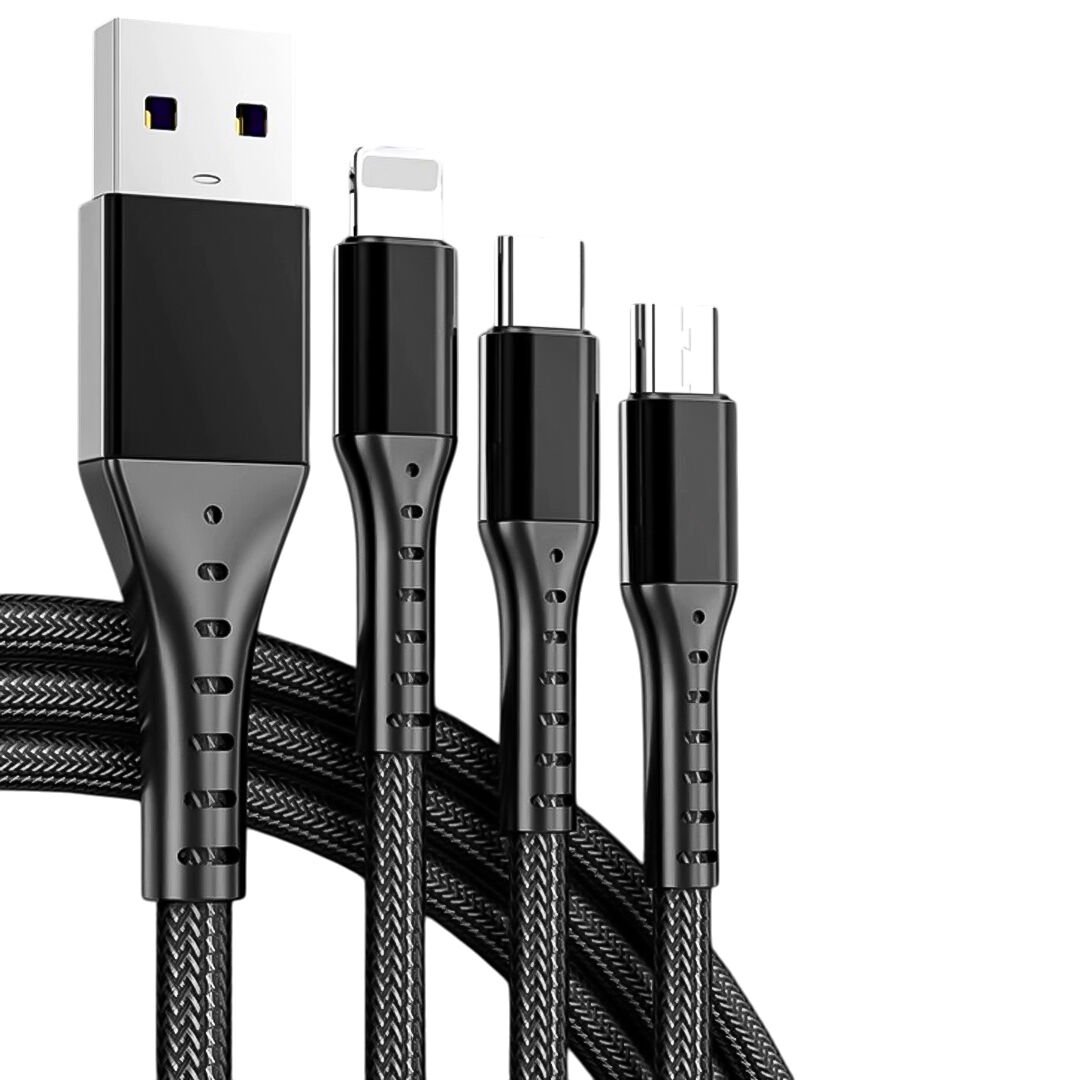 3IN1 SİYAH 1.2 METRE (MICRO USB - LIGHTNING - TYPE C) TELEFON ŞARJ KABLOSU (4944)