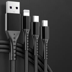 3IN1 SİYAH 1.2 METRE (MICRO USB - LIGHTNING - TYPE C) TELEFON ŞARJ KABLOSU (4944)