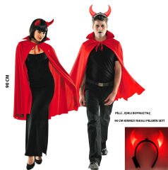 Kırmızı Yakalı Yetişkin Çocuk Uyumlu 90 cm Halloween Pelerin ve Işıklı Boynuz Taç Seti