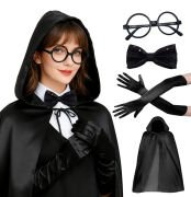 Siyah Kapüşonlu Büyücü ve Cadı Pelerin Kostüm Seti (4 Parça)