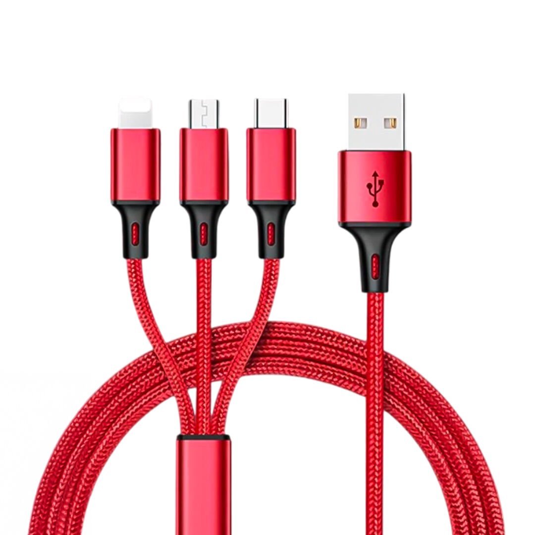 3IN1 KIRMIZI 1.2 METRE (MICRO USB - LIGHTNING - TYPE C) TELEFON ŞARJ KABLOSU (4944)