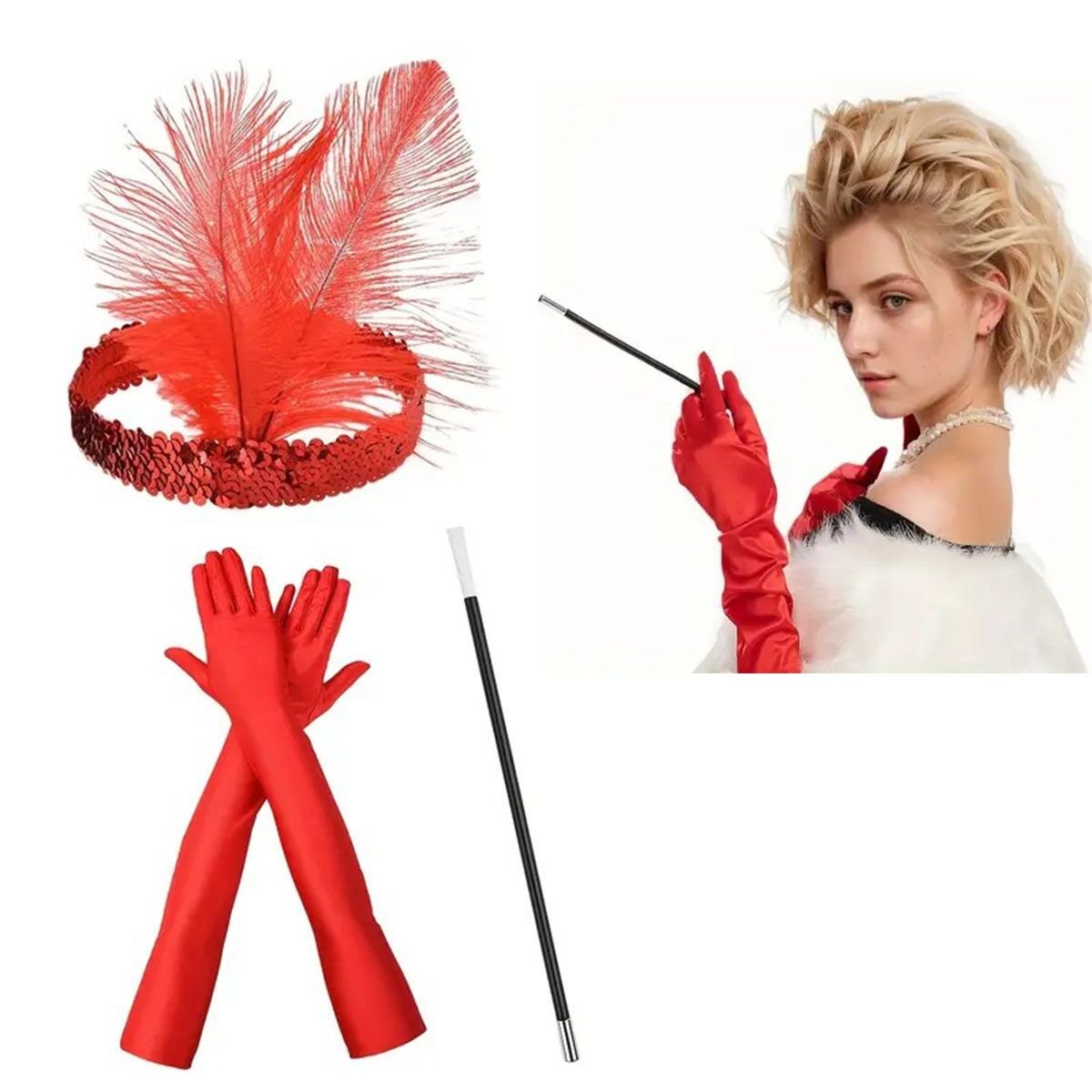 1920 ler Tarzı Kırmızı Tüylü Saç Bandı Kırmızı Rugan Eldiven ve Sigaralık Seti