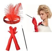 1920 ler Tarzı Kırmızı Tüylü Saç Bandı Kırmızı Rugan Eldiven ve Sigaralık Seti