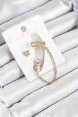 Pirinç Üçgen Figürlü Zirkon Taşlı Gold Renk 3'lü Kıkırdak Kadın Küpe Set - TJ-BKP10667