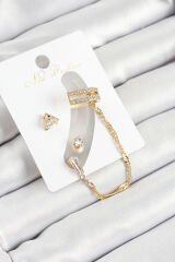 Pirinç Üçgen Figürlü Zirkon Taşlı Gold Renk 3'lü Kıkırdak Kadın Küpe Set - TJ-BKP10668