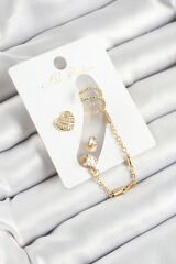 Pirinç Kalp Figürlü Zirkon Taşlı Gold Renk 3'lü Kıkırdak Kadın Küpe Set - TJ-BKP10669