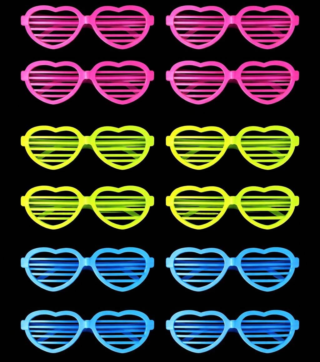 Retro Neon Fosforlu Kalp Panjur Gözlük 12 Adet – 80’ler 90’lar Parti Stili
