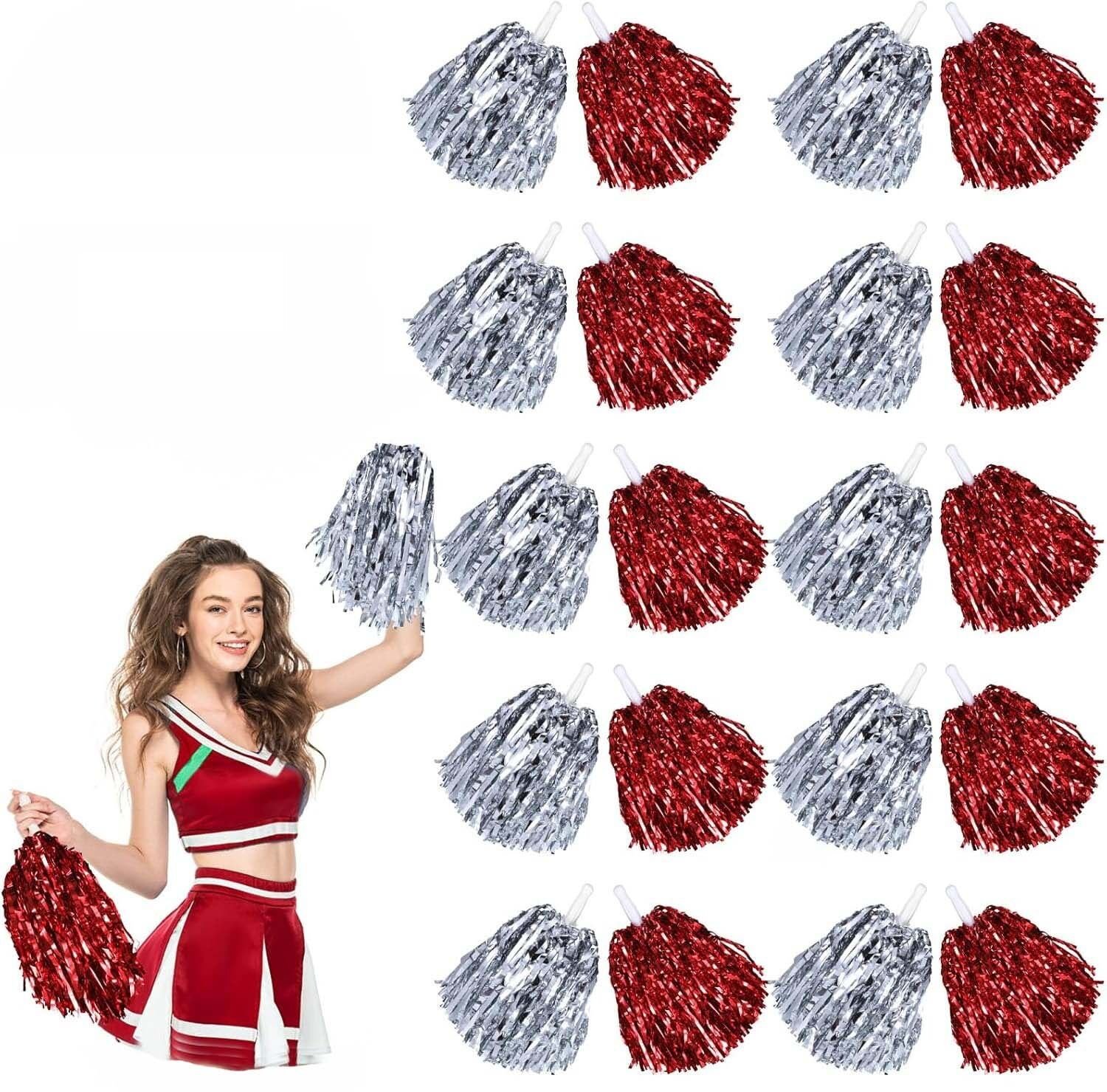 Kırmızı Gümüş Metalik Dolgun Gösteri Ponponu 20 Adet (10 Çift)