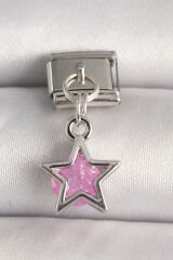 316L Çelik Gümüş Renk Pembe Zirkon Taşlı Yıldız Model Nomination Charm - TJ-BC1278