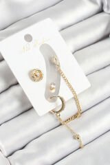 Pirinç Halka Figürlü Zirkon Taşlı Gold Renk 3'lü Kıkırdak Kadın Küpe Set - TJ-BKP10671