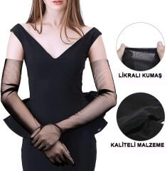 Uzun Boy Likralı Siyah Renk Yetişkin Mega Tül Eldiven 53 cm (4944)