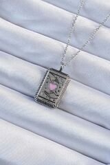 316L Çelik Zincir Eskitme Gümüş Renk Pembe Mineli Kalp Figürlü Tarot Kolye - TJ-BKO9232