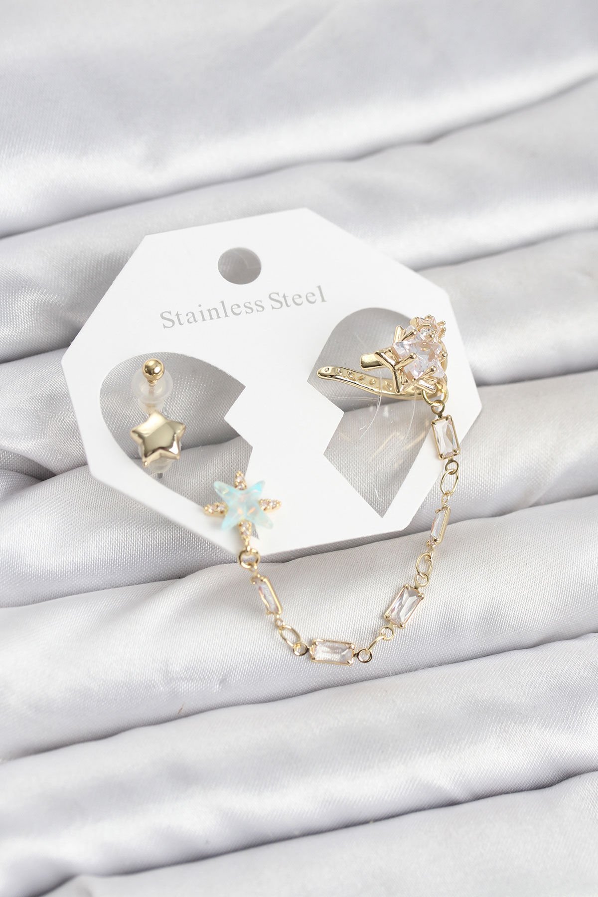 Yıldız Model Pirinç Gold Renk Zincir Bağlantılı Ear Cuff Küpe Seti - TJ-BKP11545