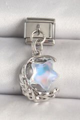 316L Çelik Gümüş Renk Hilal Mavi Mineli Yıldız Model Nomination Charm - TJ-BC1284
