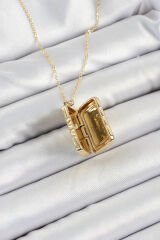 316L Çelk Açılabilir Dikdörtgen Model Zirkon Taşlı Gold Renk Kadın Zincir kolye - TJ-BKO10241