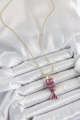Pirinç Mor Balık Model Zirkon Taşlı Gold Renk Kadın Kolye - TJ-BKO10242
