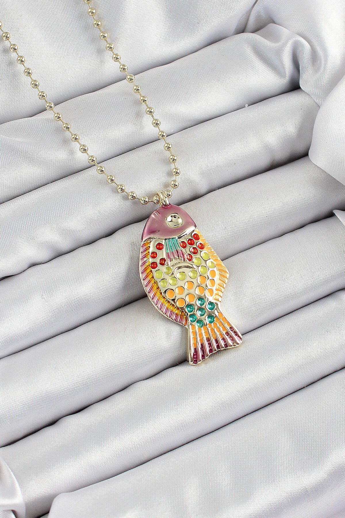 Pirinç Rainbow Balık Model Zirkon Taşlı Gold Renk Kadın Kolye - TJ-BKO10244