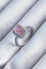 Pirinç Gümüş Renk Pembe Kare Zirkon Taşlı Kadın Yüzük - TJ-BYK2903