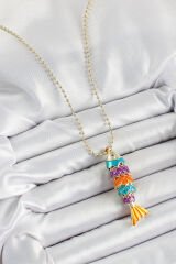 Pirinç Rainbow Balık Model Zirkon Taşlı Gold Renk Kadın Kolye - TJ-BKO10245