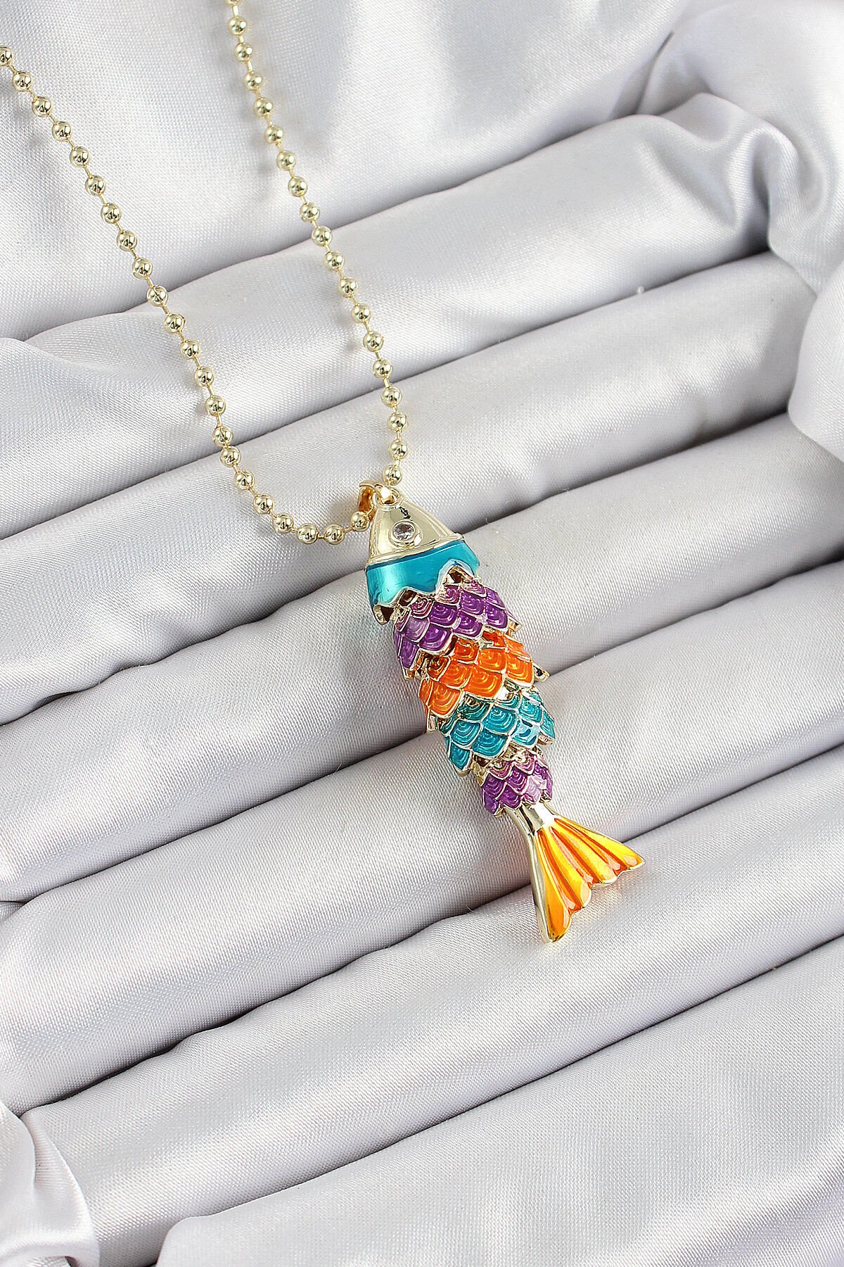 Pirinç Rainbow Balık Model Zirkon Taşlı Gold Renk Kadın Kolye - TJ-BKO10245