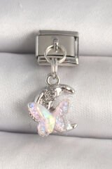 316L Çelik Gümüş Renk Zirkon Taşlı Hilal Pembe Mineli Kelebek Model Nomination Charm - TJ-BC1289