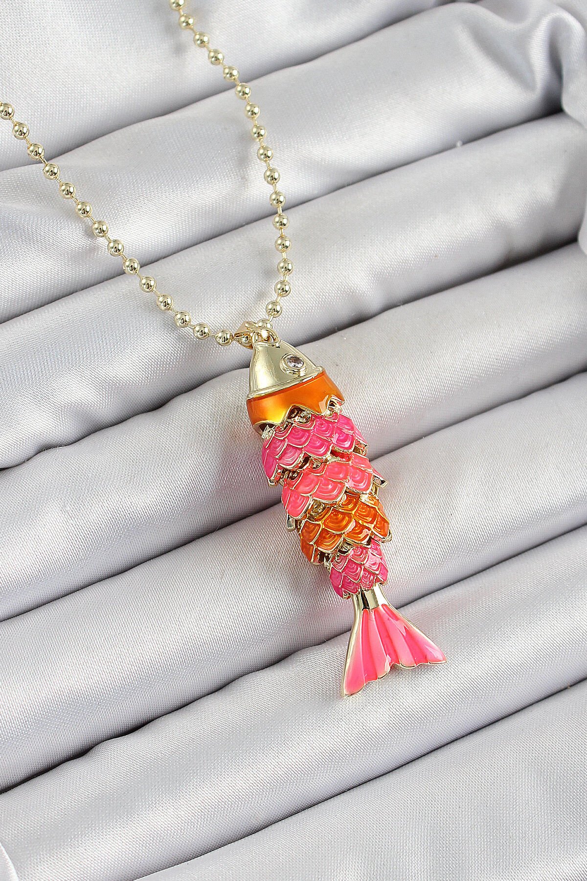 Pirinç Pembe Ve Turuncu Balık Model Zirkon Taşlı Gold Renk Kadın Kolye - TJ-BKO10246