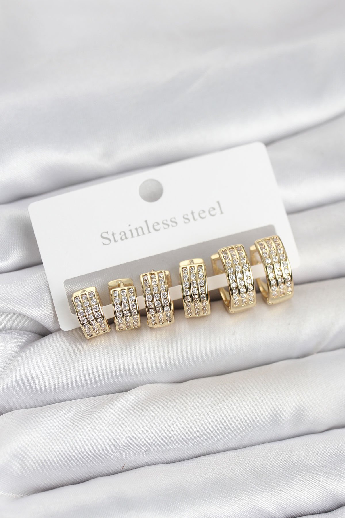 316L Çelik Zirkon Taşlı Gold Halka Küpe Seti - TJ-BKP11518