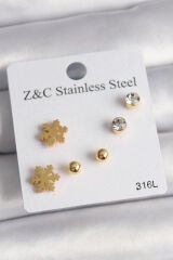 316L Çelik Gold Renk Zirkon Taşlı Kar Tanesi Model Kadın Küpe Seti - TJ-BKP10013