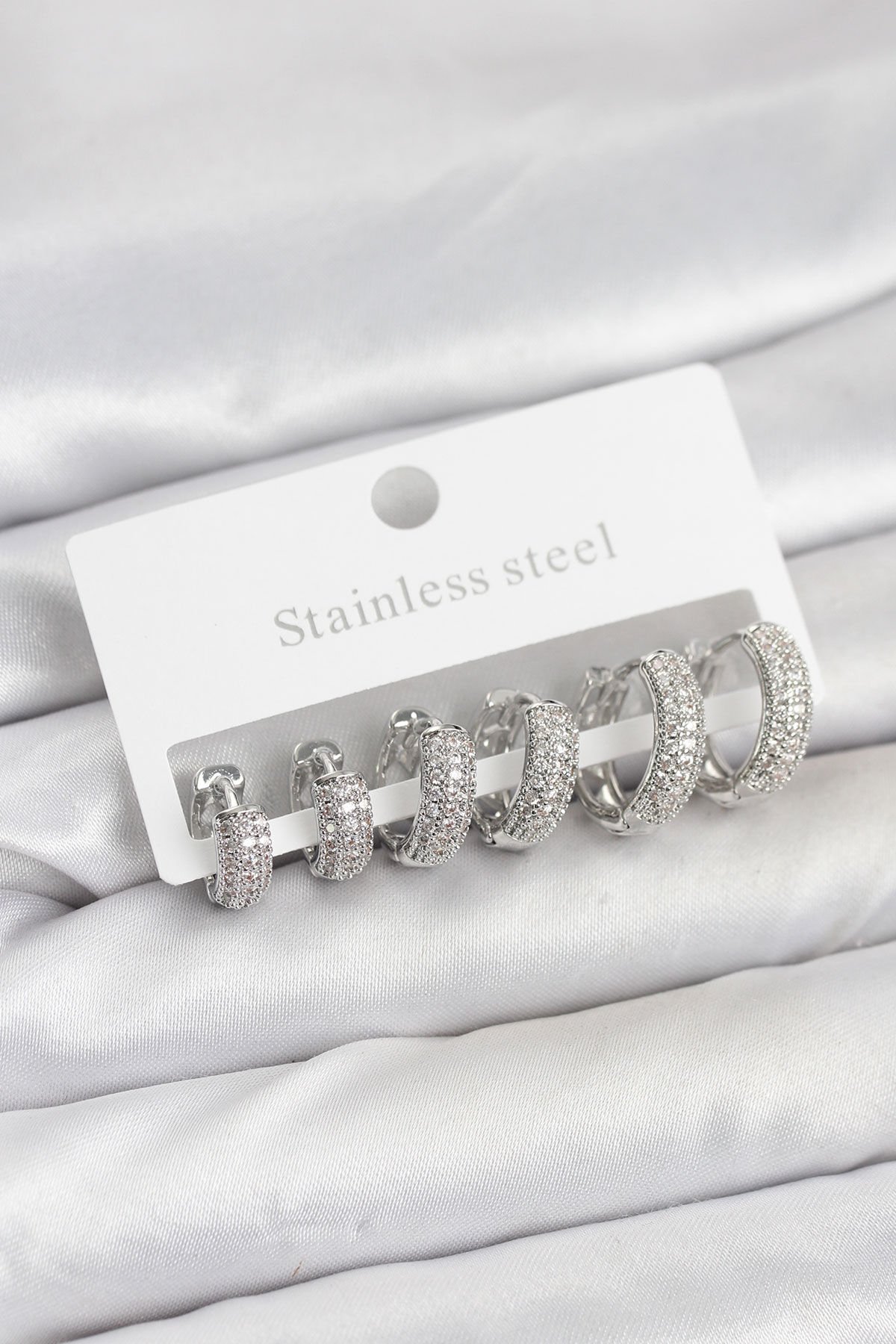 316L Çelik Gümüş Renk Zirkon Taşlı Halka Küpe Seti - TJ-BKP11521