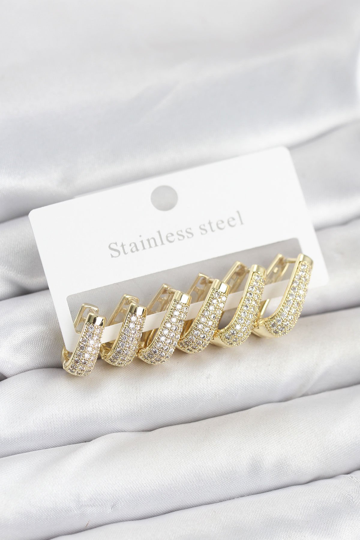 316L Çelik Gold Renk Zirkon Taşlı Damla Halka Küpe Seti - TJ-BKP11524