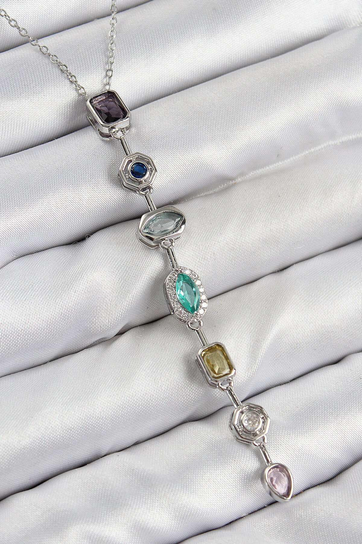 Pirinç Renkli Zirkon Taşlı Model Gümüş Renk Kadın Y Kolye - TJ-BKO10440