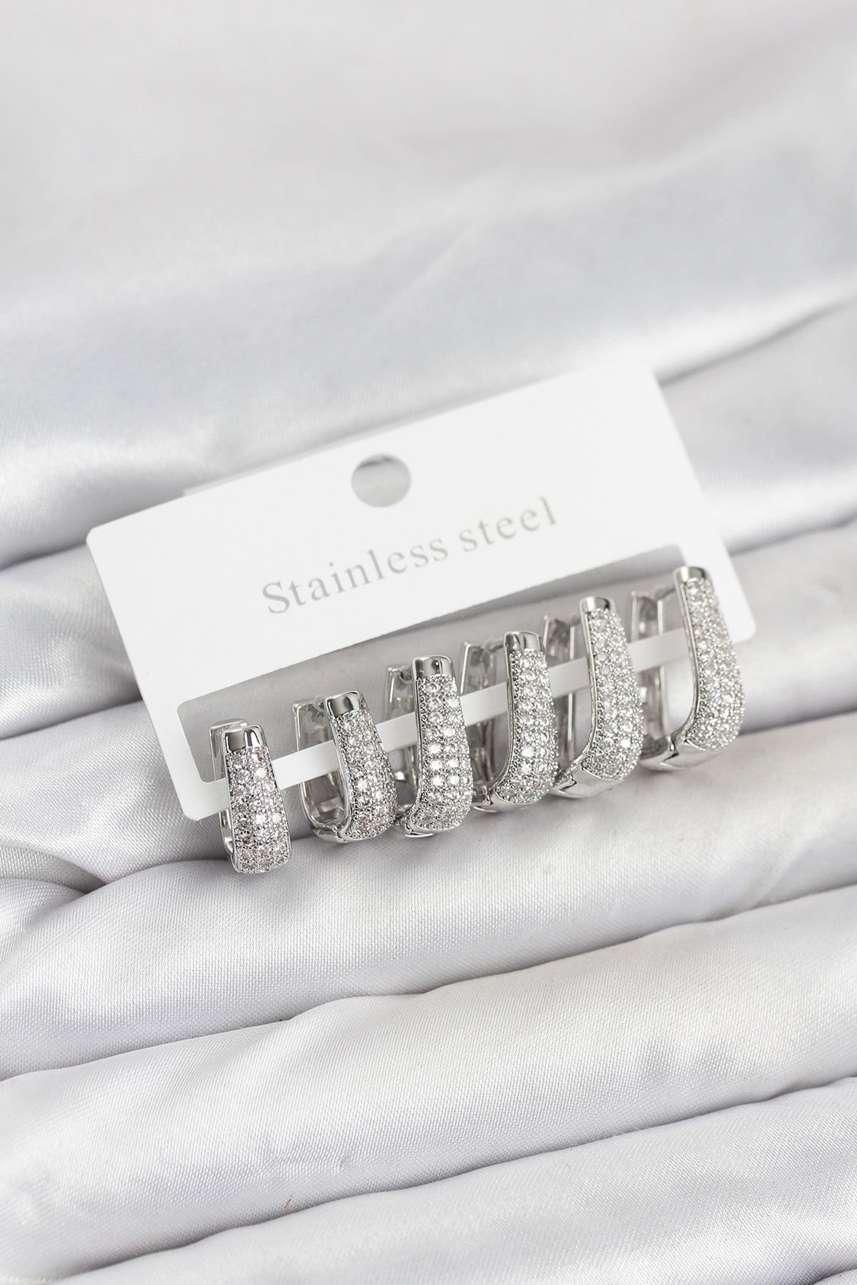 316L Çelik Gümüş Renk Zirkon Taşlı Damla Halka Küpe Seti - TJ-BKP11525