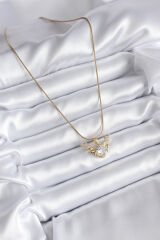 316L Çelik Gold Renk Zirkon Taşlı Boynuz Model Kadın Kolye - TJ-BKO8134