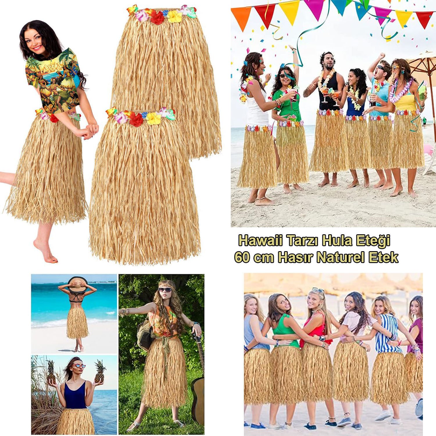 Hawaii Tarzı Hula Eteği – 60 cm Hasır Naturel Etek (4944)