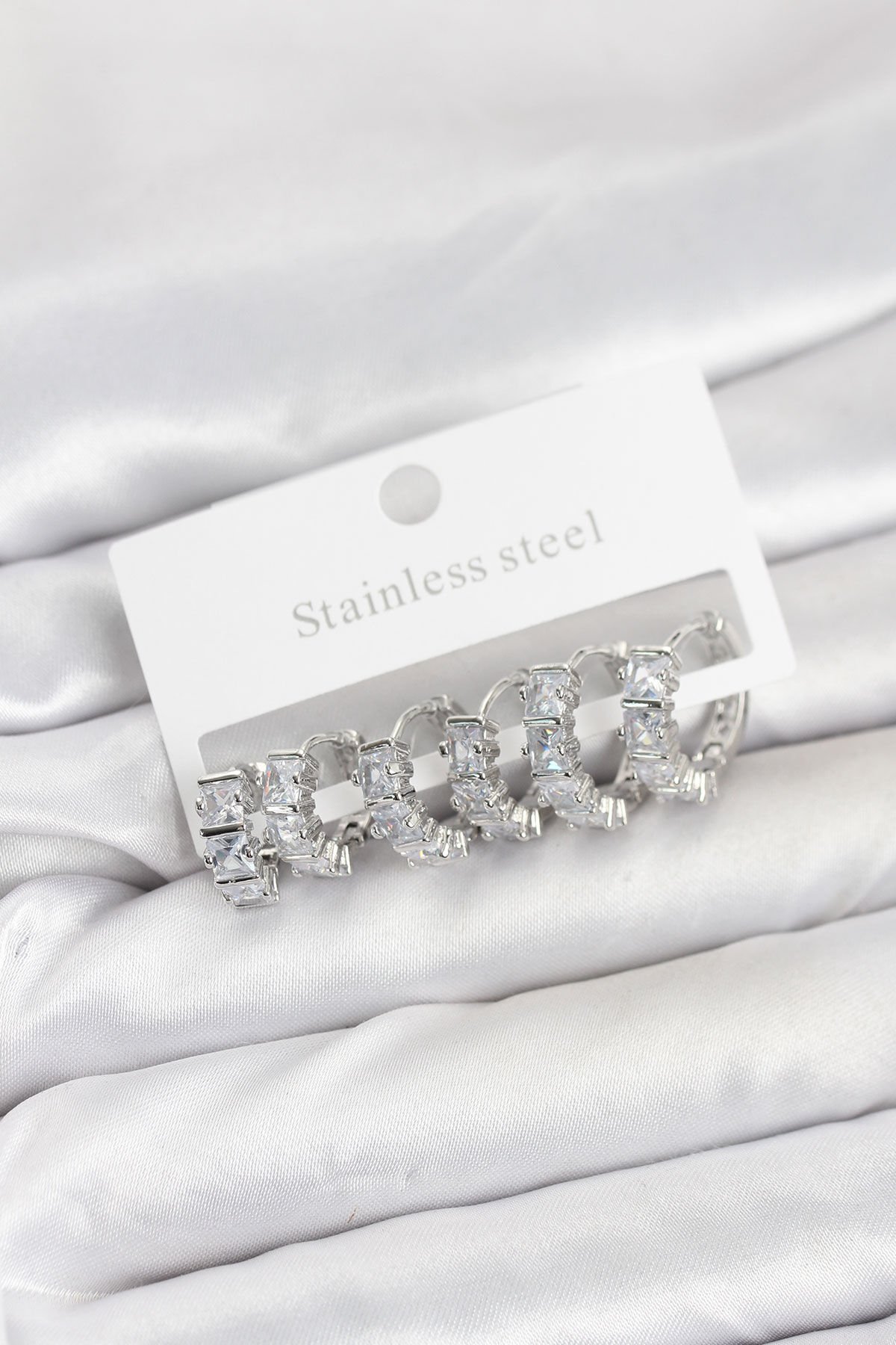 316L Çelik Gümüş Renk Baget Zirkon Taşlı Halka Küpe Seti - TJ-BKP11529