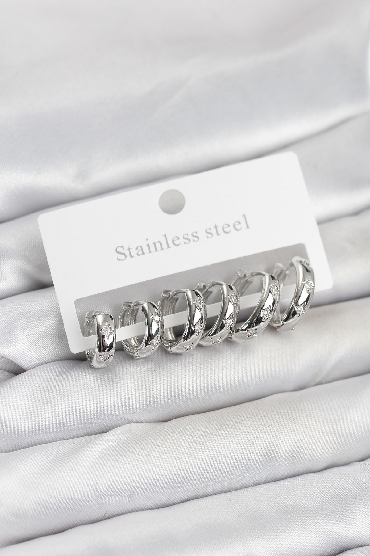 316L Çelik Gümüş Renk Zirkon Taşlı Kutup Yıldızı Model Halka Küpe Seti - TJ-BKP11531