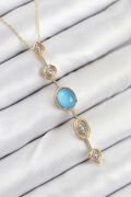 Pirinç Zincir Mavi Gold Renk Zirkon Taşlı Y Kolye - TJ-BKO10558