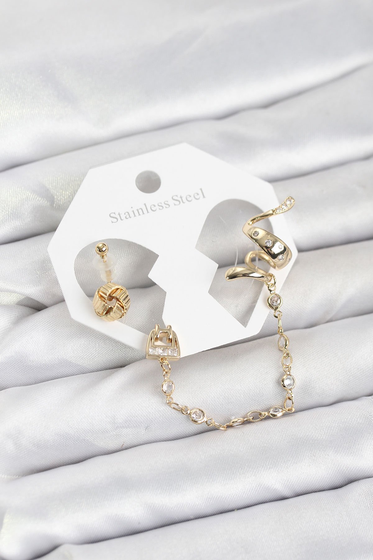 Pirinç Gold Renk Yılan Model Zincir Bağlantılı Ear Cuff Küpe Seti - TJ-BKP11532