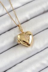316L Çelik Zincir Açılabilir Yıldız Figürlü Kalp Model Zirkon Taşlı Gold Renk Kadın Kolye - TJ-BKO10261