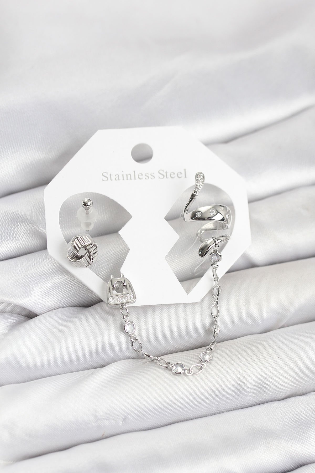 Pirinç Gümüş Renk Yılan Model Zincir Bağlantılı Ear Cuff Küpe Seti - TJ-BKP11533