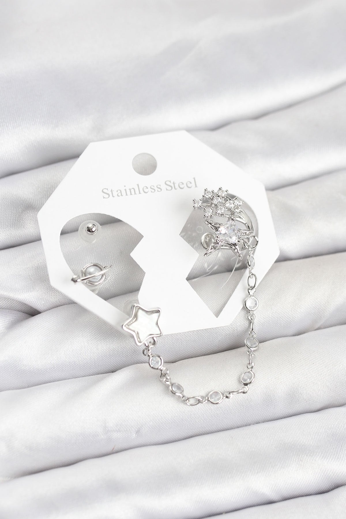 Pirinç Gümüş Renk Yıldız Model Zincir Bağlantılı Ear Cuff Küpe Seti - TJ-BKP11539