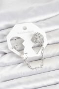 Pirinç Gümüş Renk Yıldız Model Zincir Bağlantılı Ear Cuff Küpe Seti - TJ-BKP11539